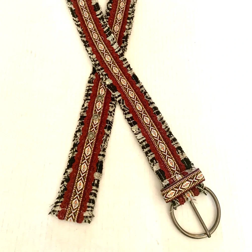 90s Aztec tribal print woven cloth fringe belt Bohemian Boho